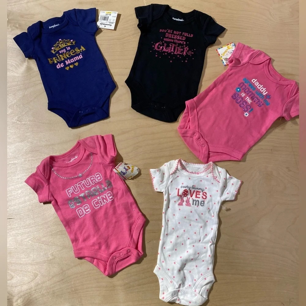5 Garanimals Baby Bodysuits - Navy, Black, Pink, White Newborn (OQ)